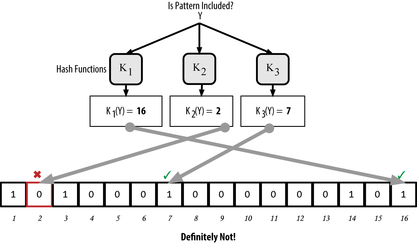 Testing the existence of pattern "Y" in the bloom filter. The result
is a definitive negative match, meaning "Definitely
Not!"