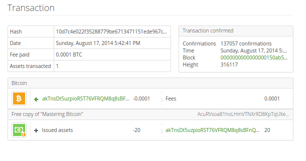 The issuance transaction as viewed on
coinprism.info